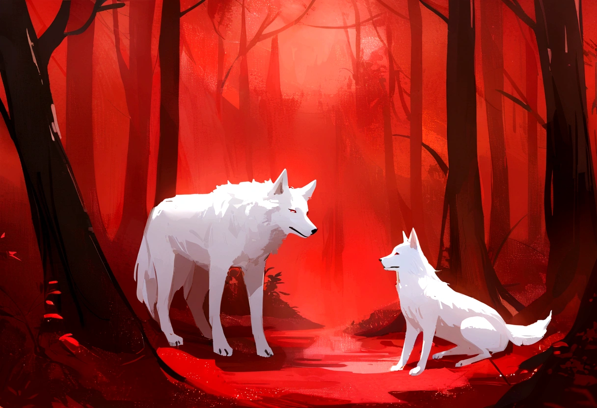 (work of art, best qualityer:1.2), realistic white wolf , In the ancient forest,  in a red dream world, red forest, in a red forest, incredible depth, red mood in background, shades of red, fot