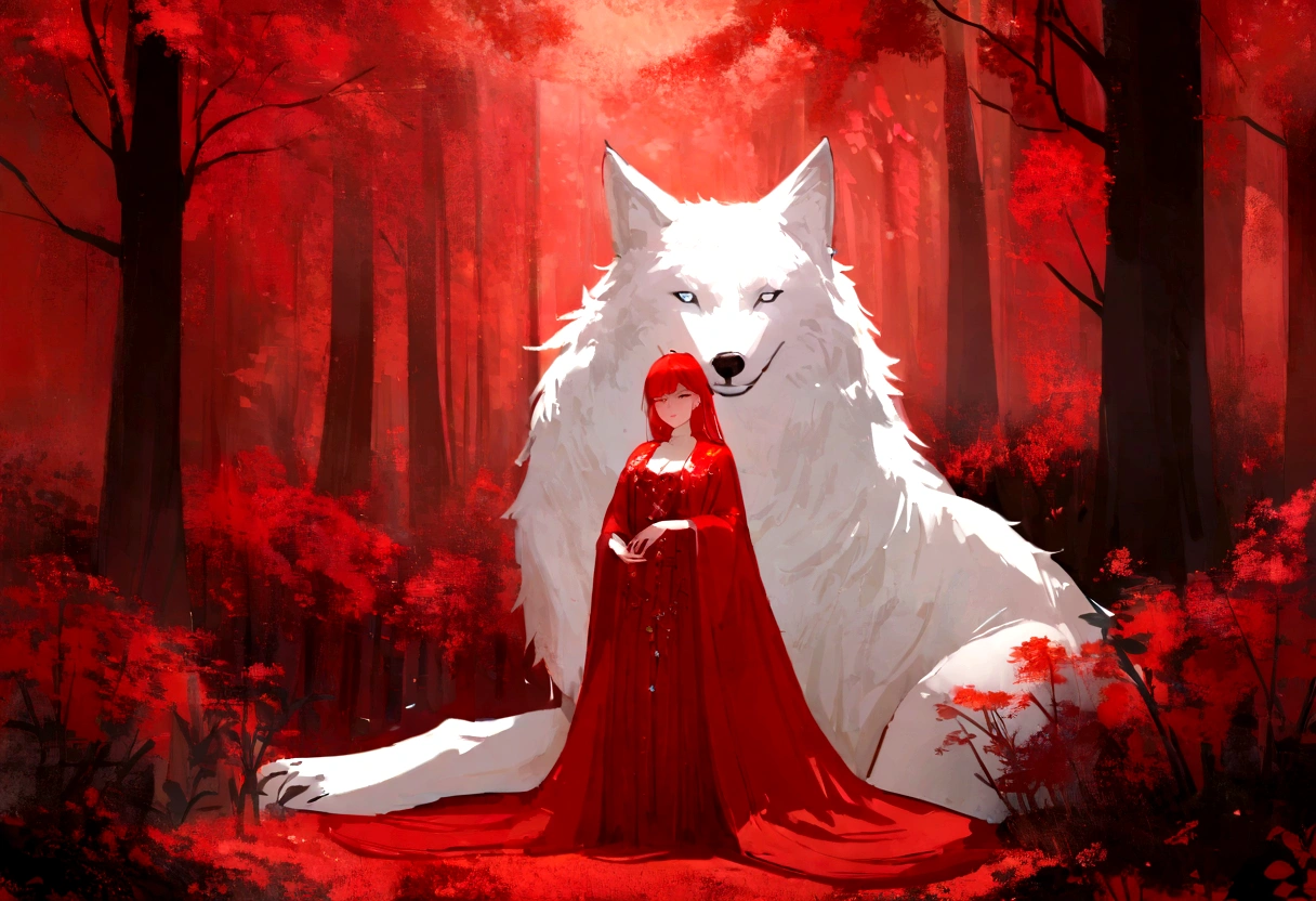 (work of art, best qualityer:1.2), realistic white wolf , In the ancient forest, in a red dream world, red forest, in a red forest, incredible depth, red mood in background, shades of red, fot