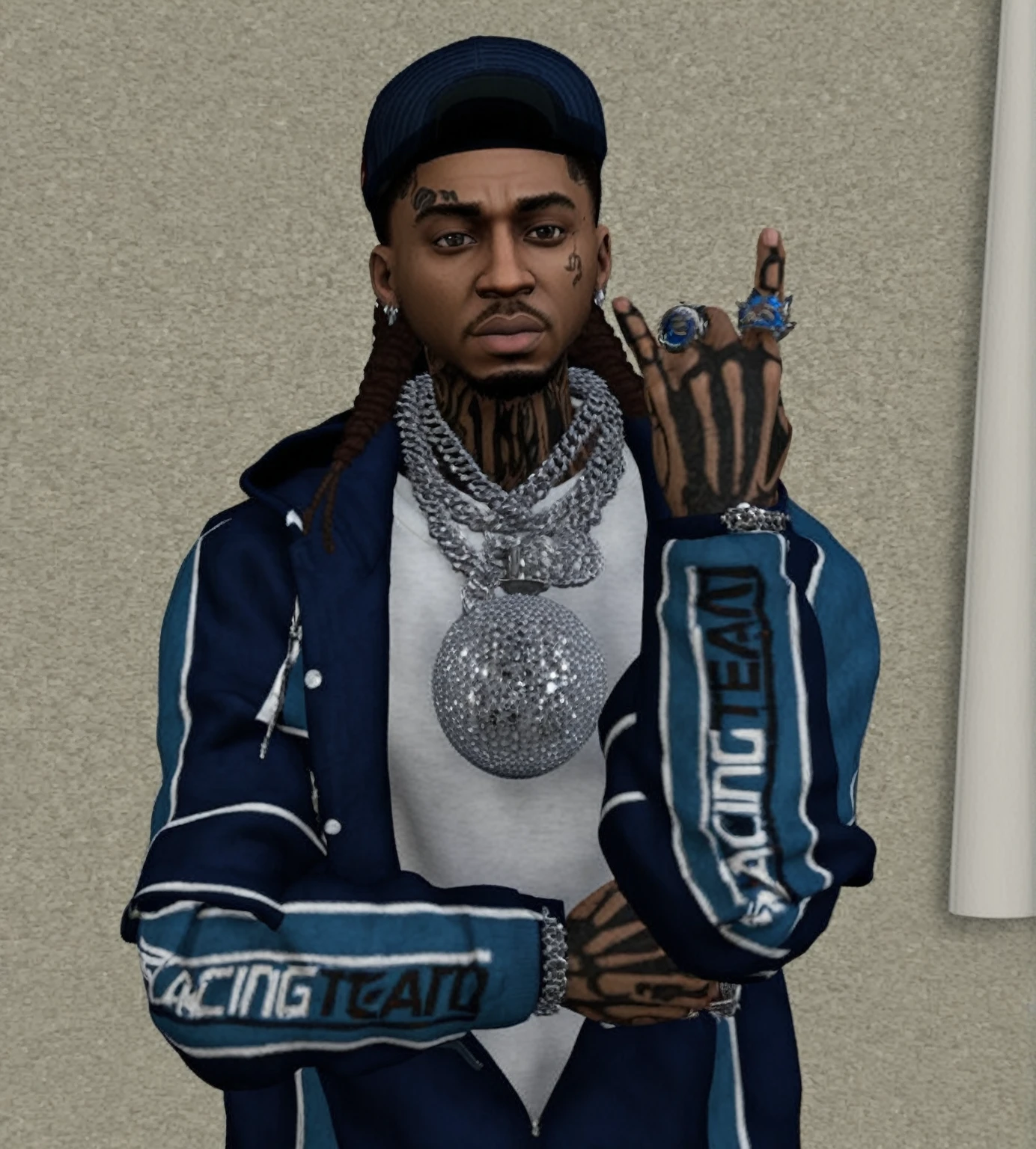 there is a statue of a man with a baseball glove and a baseball glove, gta character, rapper jewelry, nipsey hussle, highly aesthetic, 2 k aesthetic, rap bling, as a character from gtav, wearing chains, gta 6 style, rapper bling jewelry, great finesse hyper detailed, in style of tyler mitchell, imvu, inspired by L. A. Ring