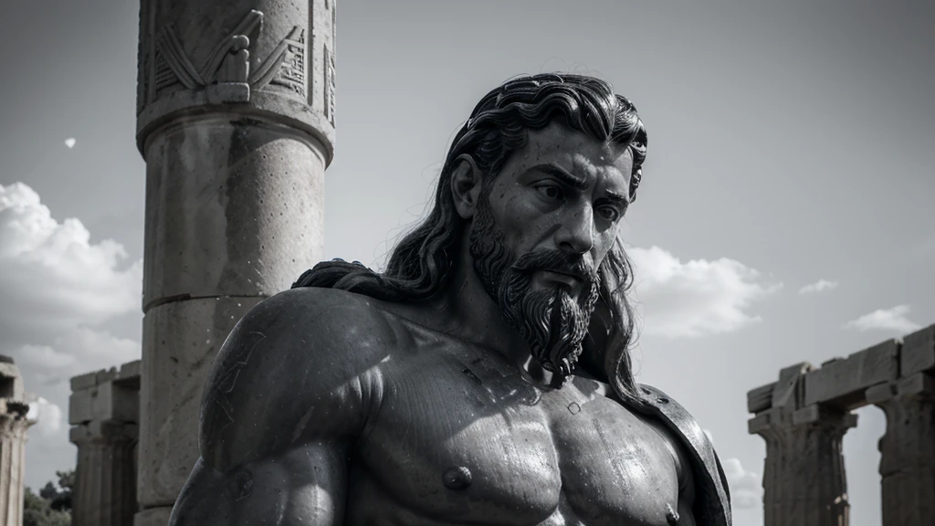 a portrait statue of the stoic Marcus Aurelius in black and white 4K, Super realistic ANCIENT GREEK RUINS, fully body, corpo stark, brawny, stark, wearing no shirt, tronco stark, stark, wearing no shirt, strong arms, 8K, ultra realisitic, cinematographic