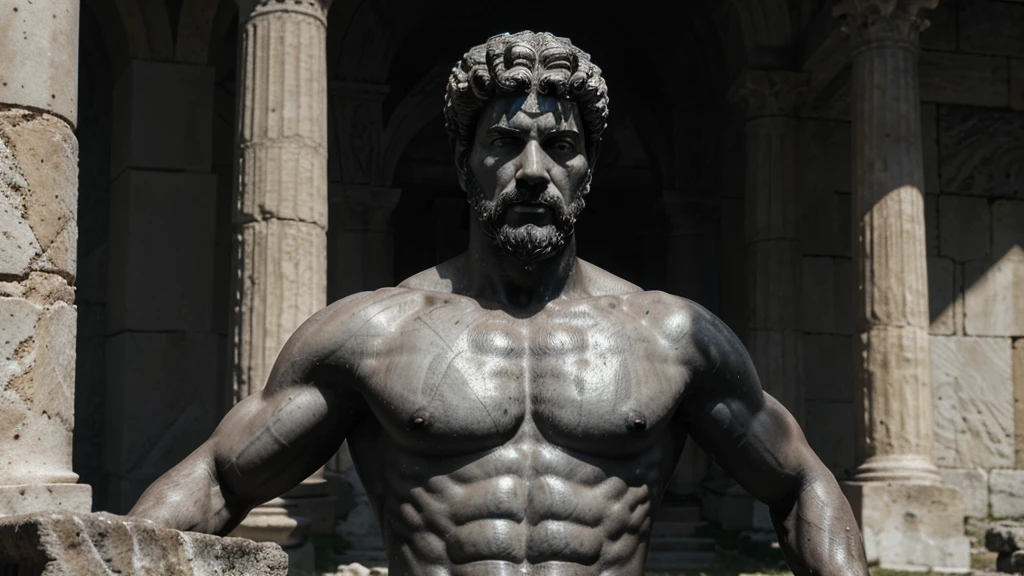 a portrait statue of the stoic Marcus Aurelius in black and white 4K, Super realistic ANCIENT GREEK RUINS, fully body, corpo stark, brawny, stark, wearing no shirt, tronco stark, stark, wearing no shirt, strong arms, 8K, ultra realisitic, cinematographic