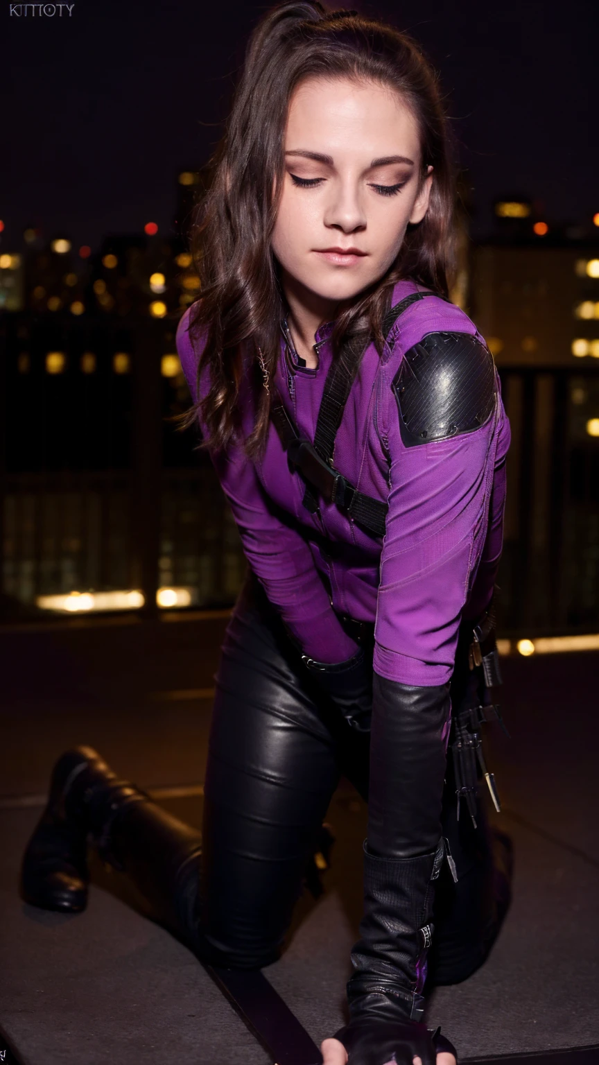 (masterpiece), (photorealistic1.4), (epiCRealLife), (lora:KateBishopFNLoRA:1.0 ribbed bodysuit costume), (KateBishopFNLoRA black leather pants), (KateBishopFNLoRA utilities belt), (leg holster) (KateBishopFNLoRA black gloves), (Kate Bishop Purple Costume),, (epiCFlashPhoto), (harness), (medium height), (bow & arrow on back), (ponytail), (young woman), ,(flashphoto), (flash photography), (make up),(kst3w-v2 ), (Kristen Stewart ),(pose for picture), close up, (at night, (on New York Rooftop), (New York Cityscape), (kneeling poses),