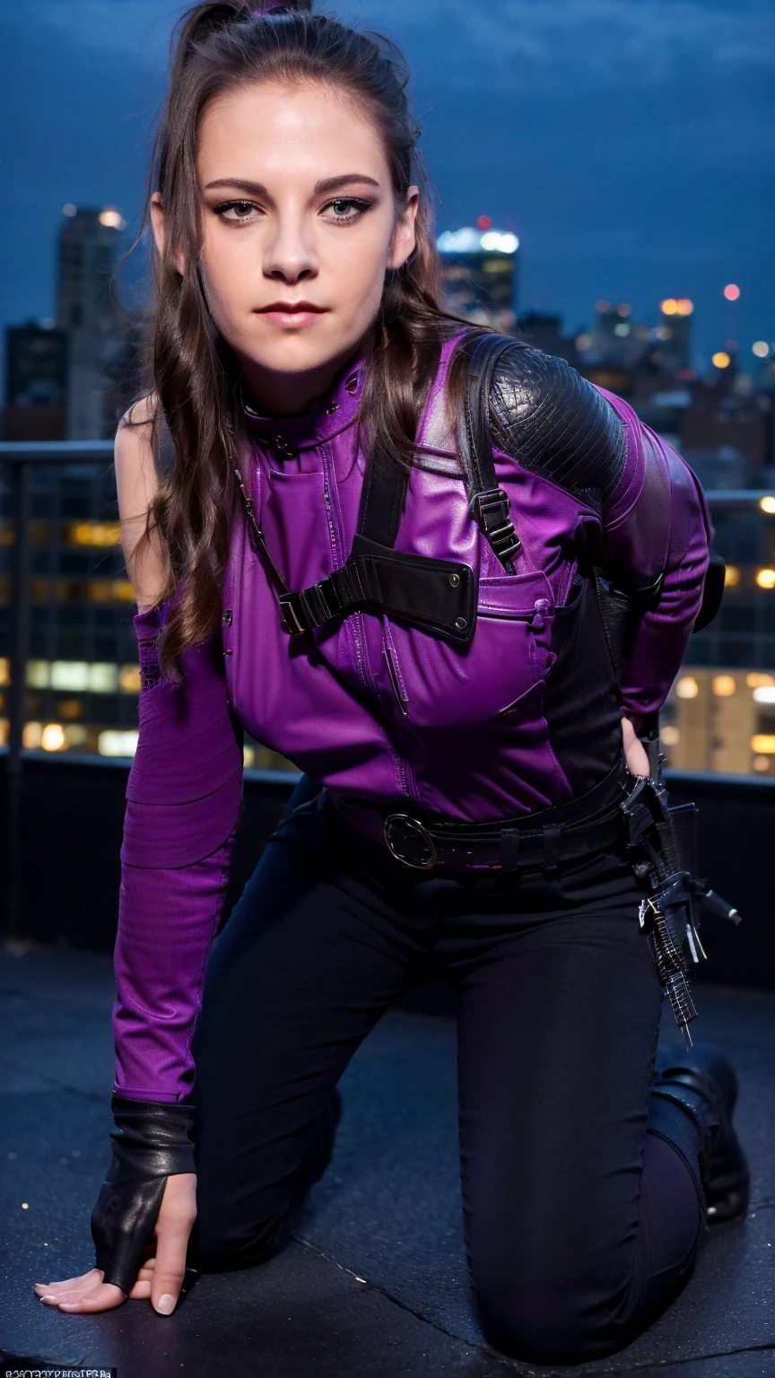 (masterpiece), (photorealistic1.4), (epiCRealLife), (lora:KateBishopFNLoRA:1.0 ribbed bodysuit costume), (KateBishopFNLoRA black leather pants), (KateBishopFNLoRA utilities belt), (leg holster) (KateBishopFNLoRA black gloves), (Kate Bishop Purple Costume),, (epiCFlashPhoto), (harness), (medium height), (bow & arrow on back), (ponytail), (young woman), ,(flashphoto), (flash photography), (make up),(kst3w-v2 ), (Kristen Stewart ),(pose for picture), close up, (at night, (on New York Rooftop), (New York Cityscape), (kneeling poses),