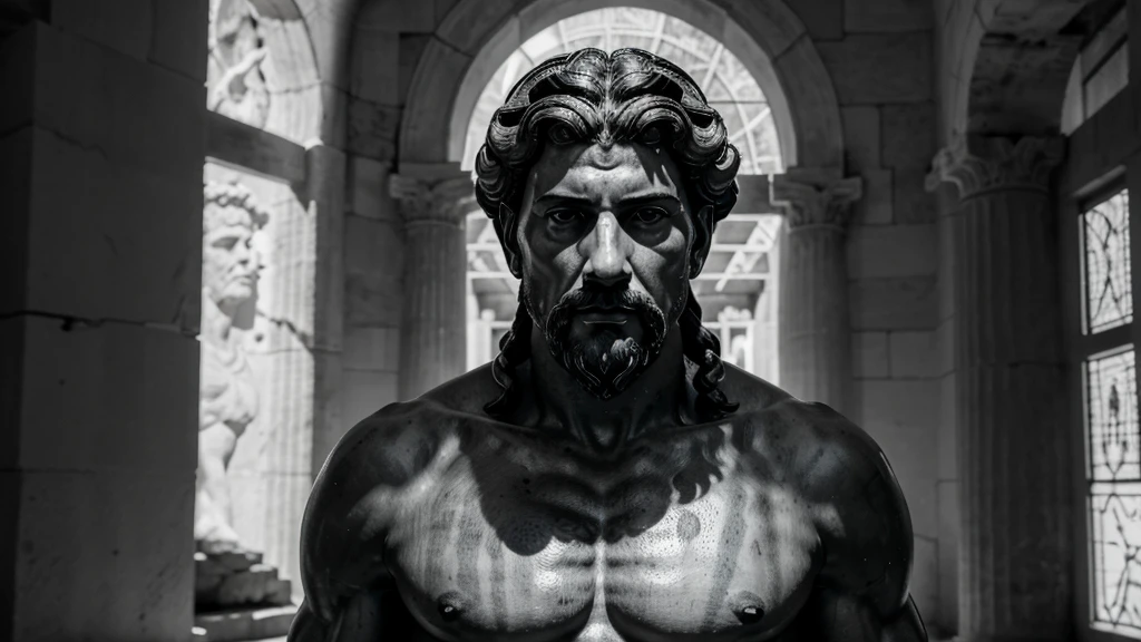 a portrait statue of the stoic Marcus Aurelius in black and white 4K, Super realistic ANCIENT GREEK RUINS, fully body, corpo stark, brawny, stark, wearing no shirt, tronco stark, stark, wearing no shirt, strong arms, 8K, ultra realisitic, cinematographic
