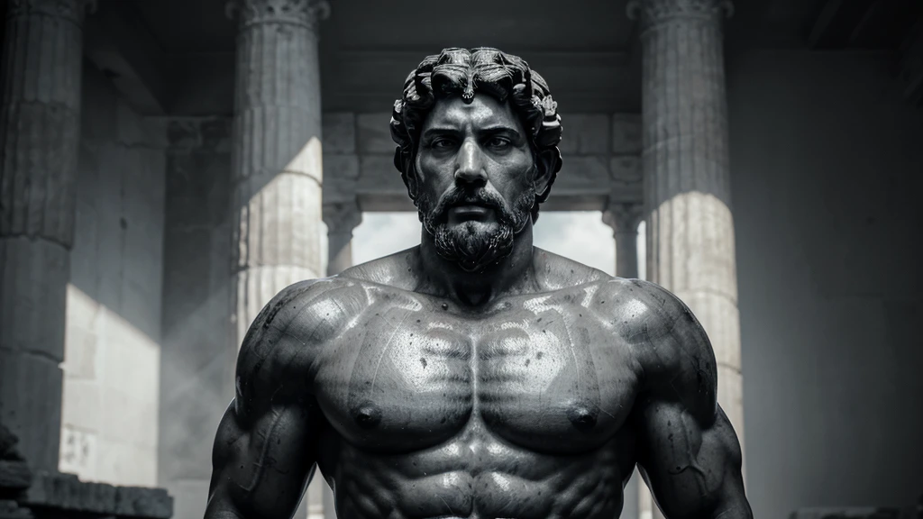 a portrait statue of the stoic Marcus Aurelius in black and white 4K, Super realistic ANCIENT GREEK RUINS, fully body, corpo stark, brawny, stark, wearing no shirt, tronco stark, stark, wearing no shirt, strong arms, 8K, ultra realisitic, cinematographic