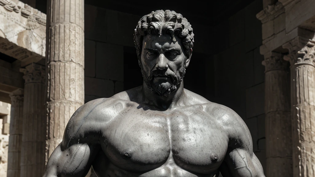 a portrait statue of the stoic Marcus Aurelius in black and white 4K, Super realistic ANCIENT GREEK RUINS, fully body, corpo stark, brawny, stark, wearing no shirt, tronco stark, stark, wearing no shirt, strong arms, 8K, ultra realisitic, cinematographic