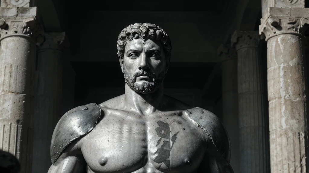 a portrait statue of the stoic Marcus Aurelius in black and white 4K, Super realistic ANCIENT GREEK RUINS, fully body, corpo stark, brawny, stark, wearing no shirt, tronco stark, stark, wearing no shirt, strong arms, 8K, ultra realisitic, cinematographic
