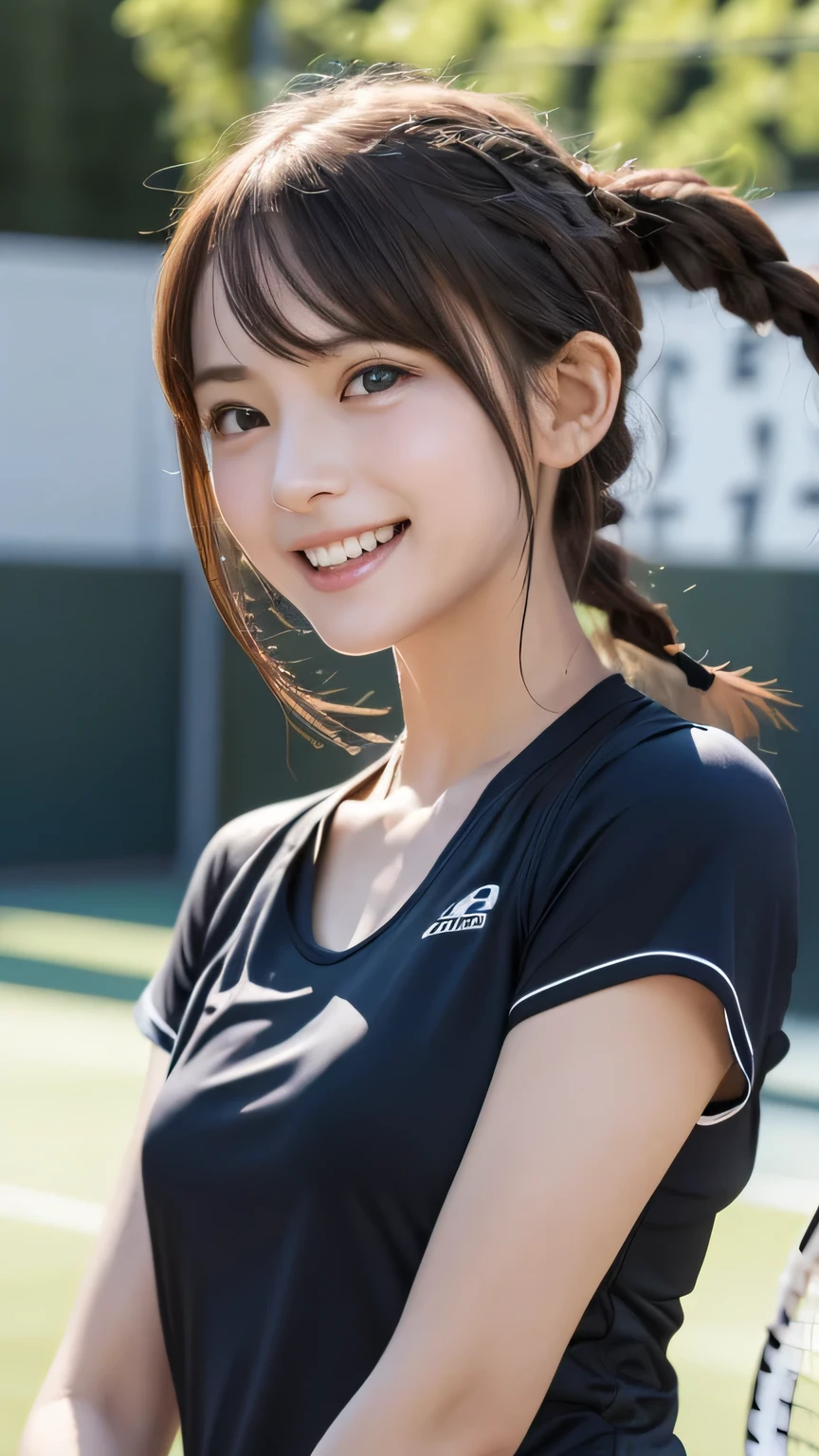 Best picture quality (8K, high resolution, Masterpiece: 1.2), super detailed, 215 Short Hair,Three braids long hair, 16-year-old woman,
situation: Playing tennis on a hot evening。
detailed:
angle: A front shot of the serve being hit。Sweaty skin and a concentrated expression。
clothing: Tennis wear and cap、Wristband。
atmosphere: In the strong afternoon sun、The moment when passion and sporting tension intersect。
Active Pause ,
break Focus on upper 腰
, random cute pose ,big eyes ,Puffy eyes , Heart Pupil, blush , huge shy smile , salute