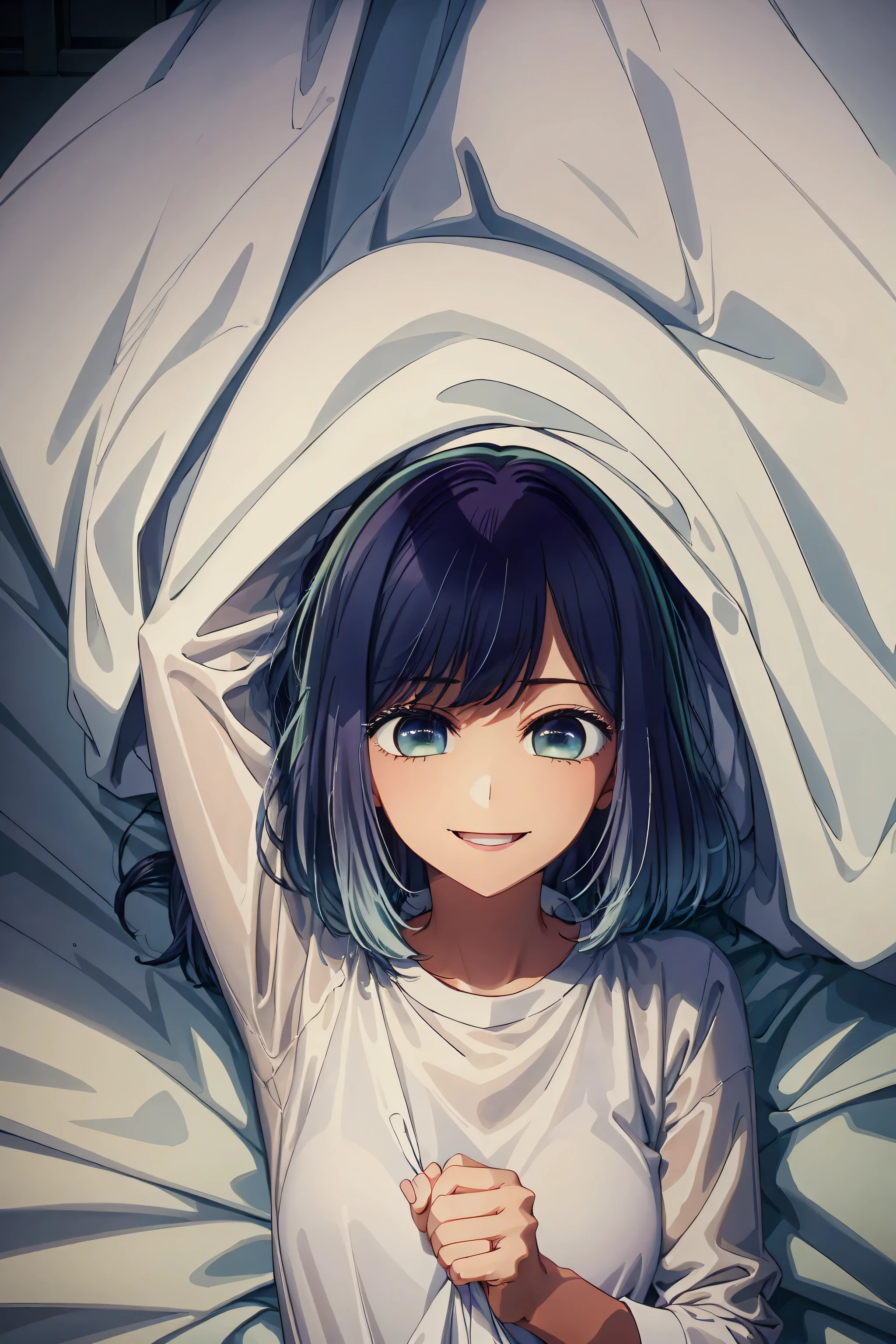 best quality, masterpiece, 1 girl, alone, detailed eyes, very big smile, pajamas, under the sheets, covered by blankets, background under the sheets, lights off