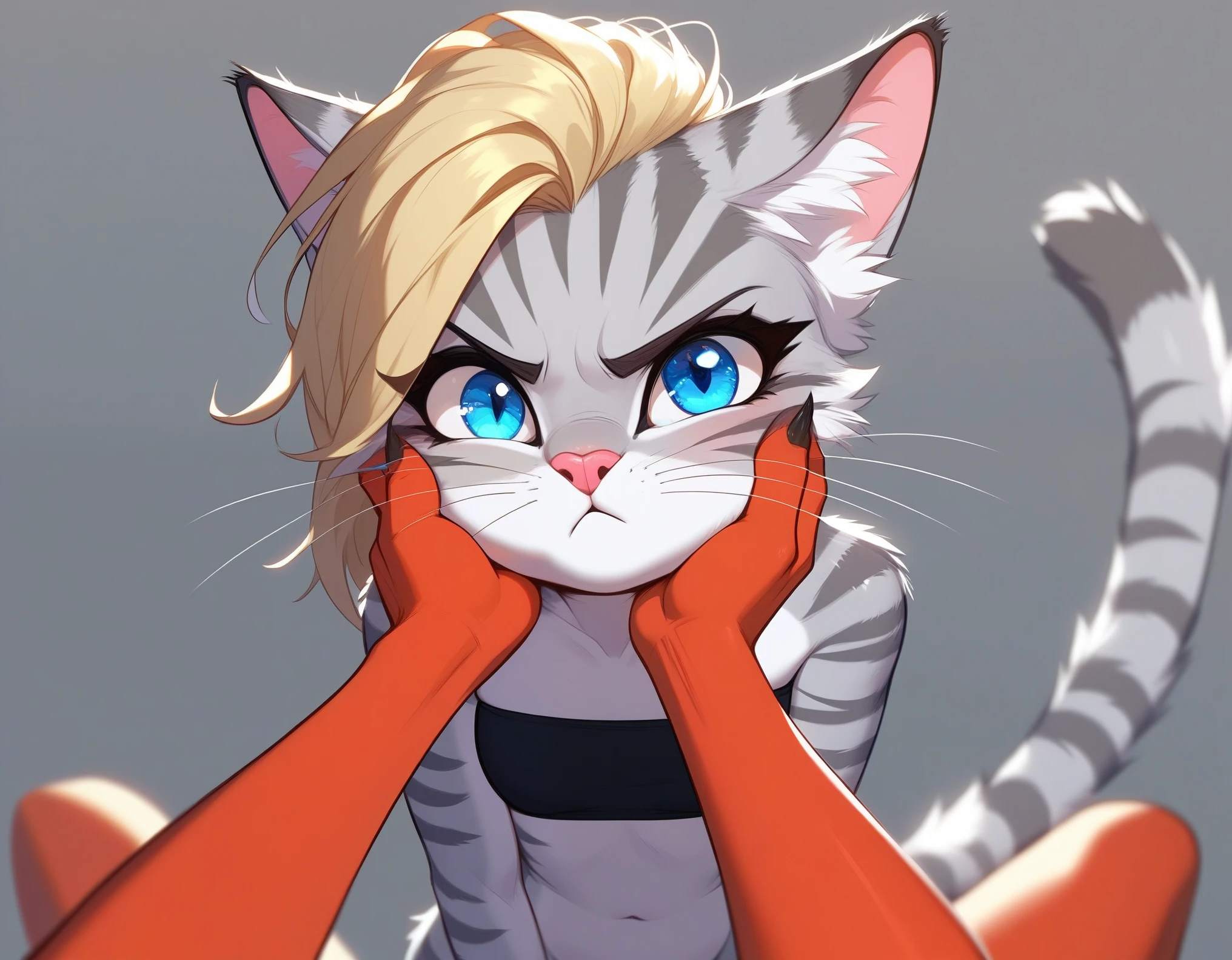 , score_9,score_8_up,score_7_up, source_furry, kat, Anthro furry feline, cute female, tall slender body, long blonde hair, long undercut hair, pink nose, :3, blue eyes, white whiskers, silver fur, grey stripes, furry body, pouting, grumpy, wearing black bandeau, BREAK, pov, pov viewer is holding her cheeks, viewer is a female red reptile, red reptile hands, simple grey background 