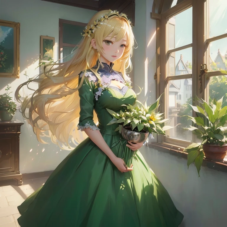 anime girl in green dress holding a potted plant in front of a window, in dress, cute anime waifu in a nice dress, blonde - haired princess, guweiz on pixiv artstation, blonde anime girl with long hair, beautiful sunflower anime girl, guweiz on artstation pixiv, beautiful anime girl, splash art anime