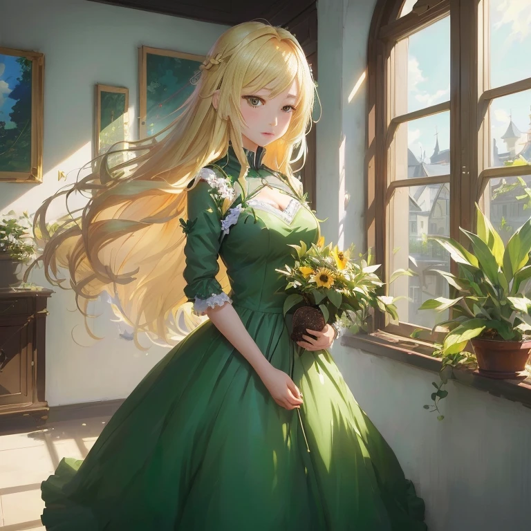 anime girl in green dress holding a potted plant in front of a window,  in dress, cute anime waifu in a nice dress, blonde - haired princess, guweiz on pixiv artstation, blonde anime girl with long hair, beautiful sunflower anime girl, guweiz on artstation pixiv, beautiful anime girl, splash art anime 