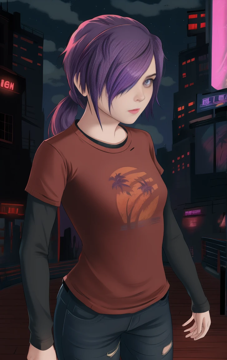 red shirt, long sleeves, standing, hair over one eye, neon lights, night, looking at viewer, blue jeans, solo, shez, purple hair, purple eyes, elliet1