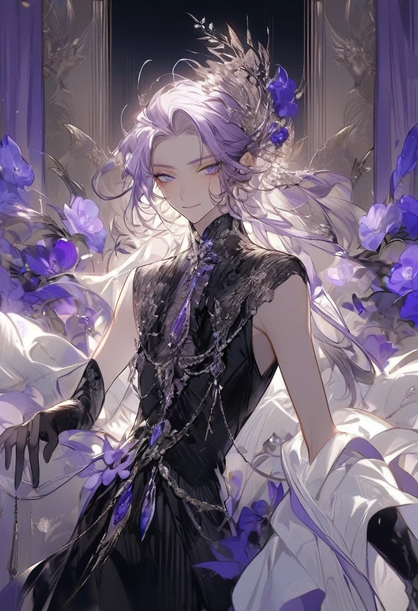 Feminine boy, soft womanish facial features, smile, squinted siren dark blue eyes without glare, silver and dark purple long loose hair with straight bang, fantasy black clothes with blue and purple elements, long black gloves, model, gorgeous, elegant, lots of silver jewelry, flowers in his hair, skinny body