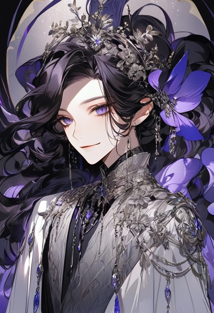 Feminine boy, soft womanish facial features, smile, squinted siren dark blue eyes without glare, silver and dark purple long loose hair with straight bang, fantasy black clothes with blue and purple elements, long black gloves, model, gorgeous, elegant, lots of silver jewelry, flowers in his hair, skinny body