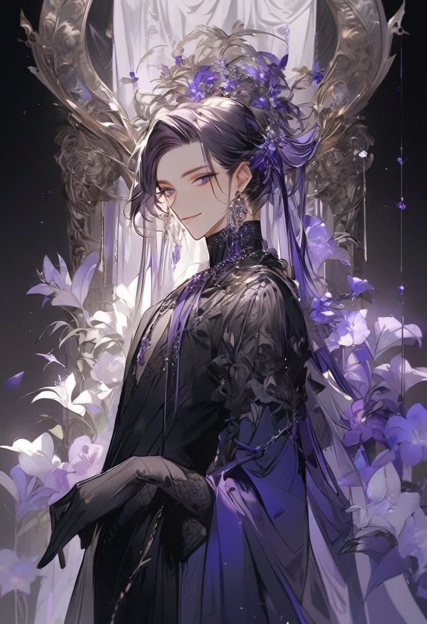 Feminine boy, soft womanish facial features, smile, squinted siren dark blue eyes without glare, silver and dark purple long loose hair with straight bang, fantasy black clothes with blue and purple elements, long black gloves, model, gorgeous, elegant, lots of silver jewelry, flowers in his hair, skinny body