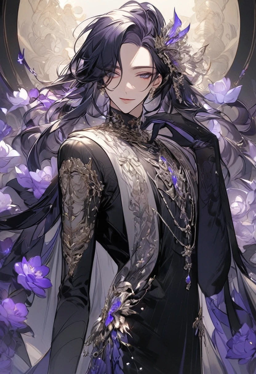 Feminine boy, soft womanish facial features, smile, squinted siren dark blue eyes without glare, silver and dark purple long loose hair with straight bang, fantasy black clothes with blue and purple elements, long black gloves, model, gorgeous, elegant, lots of silver jewelry, flowers in his hair, skinny body