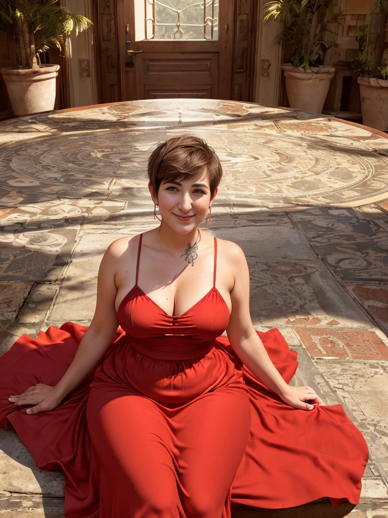  amazing stunningly beautiful  (toy-sized:1.5) (thicc:1.4) 21 year old (mayim bialik:1.2) (sitting on the edge of a giant expansive high square tabletop:1.4), legs dangling in the air, smiling, (very long bright red dress:1.5), (tattooed:1.2), (aquiline nose:1.5), (short brown pixie haircut:1.3), 