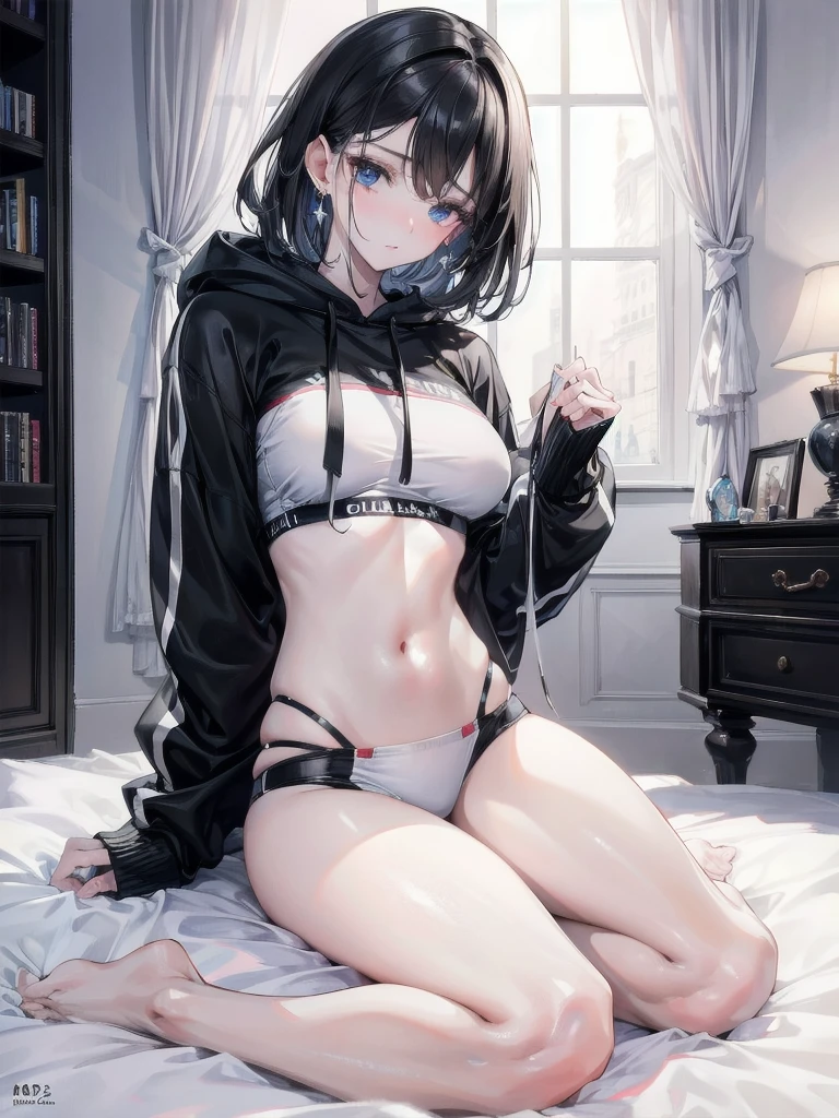 absurdres, RAW photo, extremely delicate and beautiful, masterpiece, Best Quality, ultra high resolution, 32k, hyperrealistic, ultra-detailed, delicate facial features, beautiful detailed woman, tearful mole, earring, medium breasts, full body shot, medium hair, black hair, oversized hoodie, sportswear,