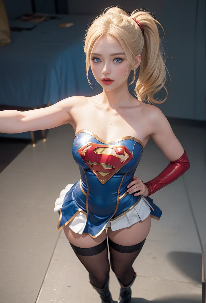 4k, realistic, charismatic, very detailed, there is a girl in the sky, dressed in a super girl costume, she is a super girl, superhero theme, blonde short hair, ponytail, 20 years, full body, (detail in the eyes), (detail in the face), incredibly beautiful, blue eyes, blush, makeup, red lipstick, miniskirt, (wide hips), (thick thighs), small breasts, dress,, seductive pose, (extreme hourglass figure), thin, svelte, white skirt, boots, tight t-shirt