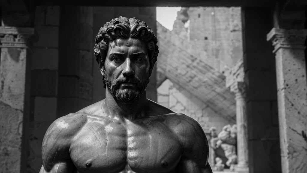 a portrait statue of the stoic Marcus Aurelius in black and white 4K, Super realistic ANCIENT GREEK RUINS, fully body, corpo stark, brawny, stark, wearing no shirt, tronco stark, stark, wearing no shirt, strong arms, 8K, ultra realisitic, cinematographic
