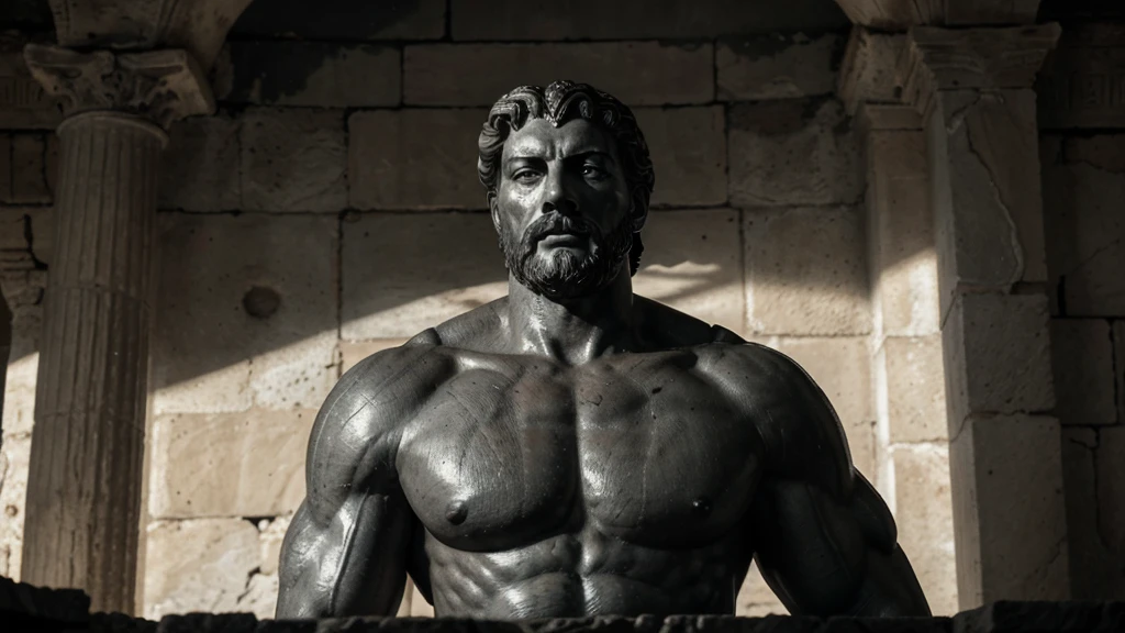 a portrait statue of the stoic Marcus Aurelius in black and white 4K, Super realistic ANCIENT GREEK RUINS, fully body, corpo stark, brawny, stark, wearing no shirt, tronco stark, stark, wearing no shirt, strong arms, 8K, ultra realisitic, cinematographic