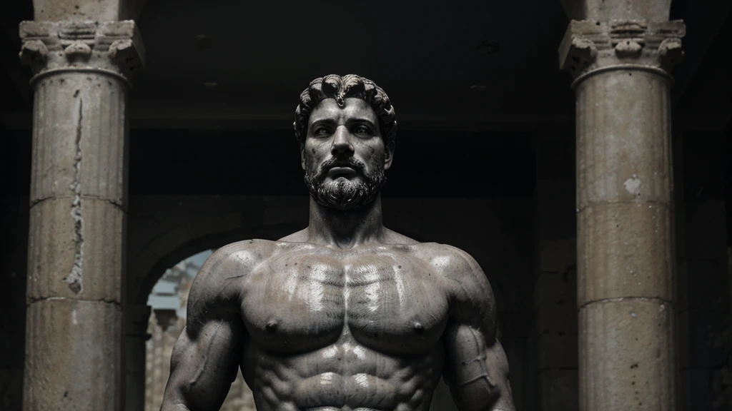 a portrait statue of the stoic Marcus Aurelius in black and white 4K, Super realistic ANCIENT GREEK RUINS, fully body, corpo stark, brawny, stark, wearing no shirt, tronco stark, stark, wearing no shirt, strong arms, 8K, ultra realisitic, cinematographic

