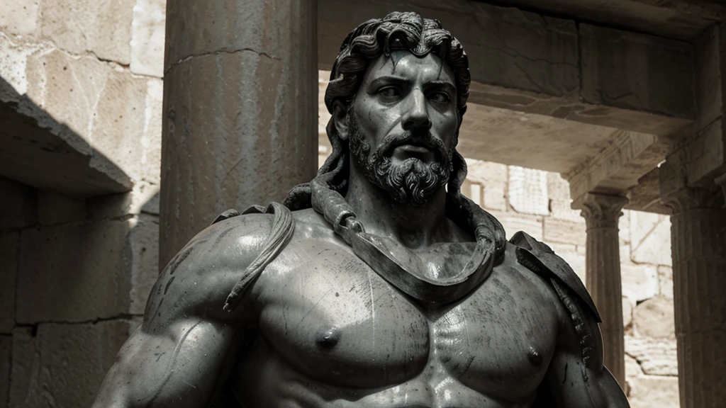 a portrait statue of the stoic Marcus Aurelius in black and white 4K, Super realistic ANCIENT GREEK RUINS, fully body, corpo stark, brawny, stark, wearing no shirt, tronco stark, stark, wearing no shirt, strong arms, 8K, ultra realisitic, cinematographic
