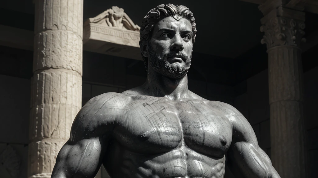 a portrait statue of the stoic Marcus Aurelius in black and white 4K, Super realistic ANCIENT GREEK RUINS, fully body, corpo stark, brawny, stark, wearing no shirt, tronco stark, stark, wearing no shirt, strong arms, 8K, ultra realisitic, cinematographic