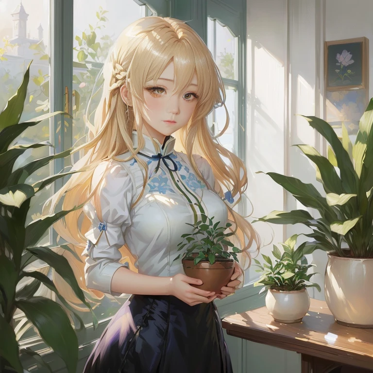anime girl holding a potted plant in front of a window, blonde anime girl with long hair, violet evergarden, painted in anime painter studio, anime moe artstyle, detailed digital anime art, digital anime illustration, anime visual of a cute girl, artwork in the style of guweiz, smooth anime cg art, high quality portrait