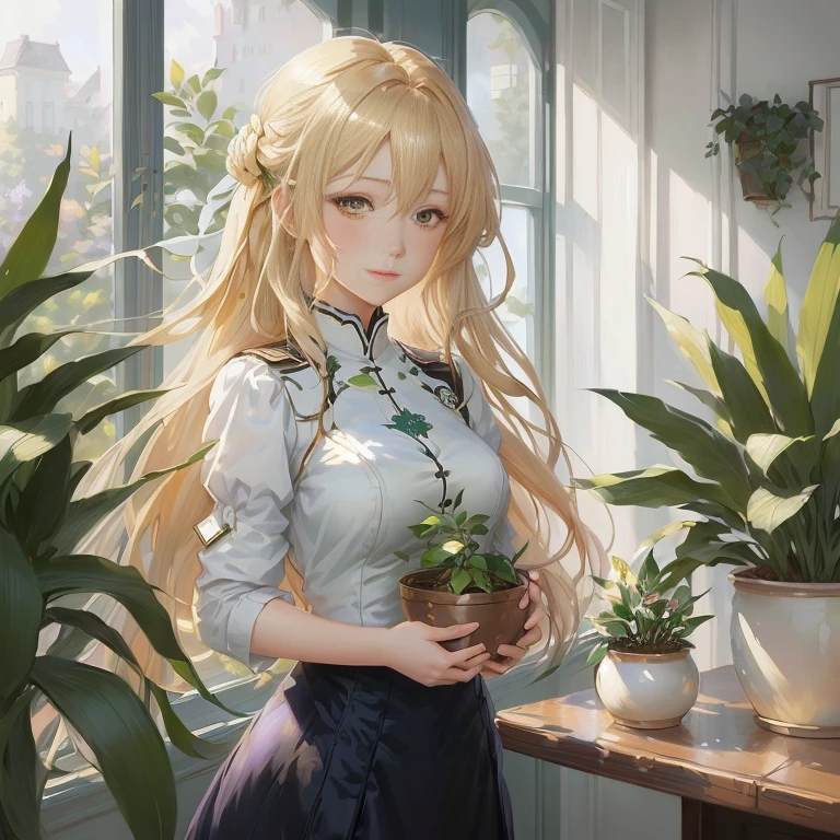 anime girl holding a potted plant in front of a window, blonde anime girl with long hair, violet evergarden, painted in anime painter studio, anime moe artstyle, detailed digital anime art, digital anime illustration, anime visual of a cute girl, artwork in the style of guweiz, smooth anime cg art, high quality portrait