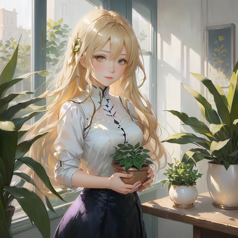 anime girl holding a potted plant in front of a window, blonde anime girl with long hair, violet evergarden, painted in anime painter studio, anime moe artstyle, detailed digital anime art, digital anime illustration, anime visual of a cute girl, artwork in the style of guweiz, smooth anime cg art, high quality portrait