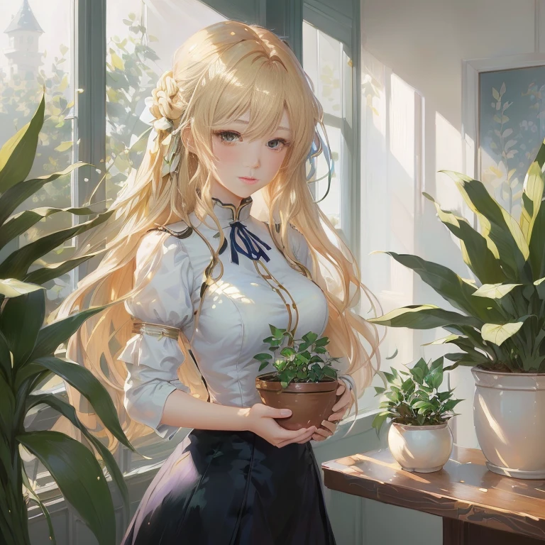 anime girl holding a potted plant in front of a window, blonde anime girl with long hair, violet evergarden, painted in anime painter studio, anime moe artstyle, detailed digital anime art, digital anime illustration, anime visual of a cute girl, artwork in the style of guweiz, smooth anime cg art, high quality portrait