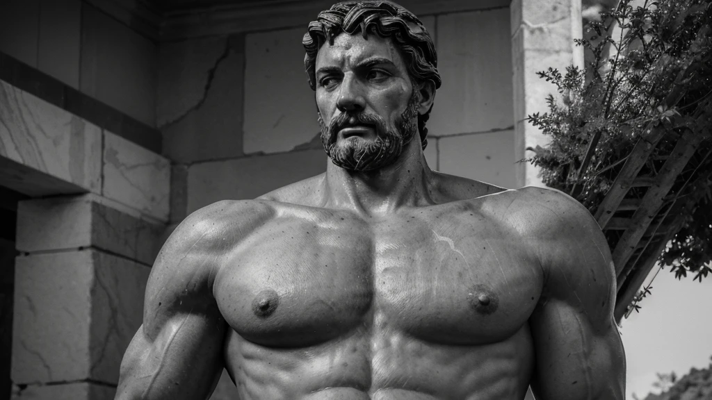 a portrait statue of the stoic Marcus Aurelius in black and white 4K, Super realistic ANCIENT GREEK RUINS, fully body, corpo stark, brawny, stark, wearing no shirt, tronco stark, stark, wearing no shirt, strong arms, 8K, ultra realisitic, cinematographic