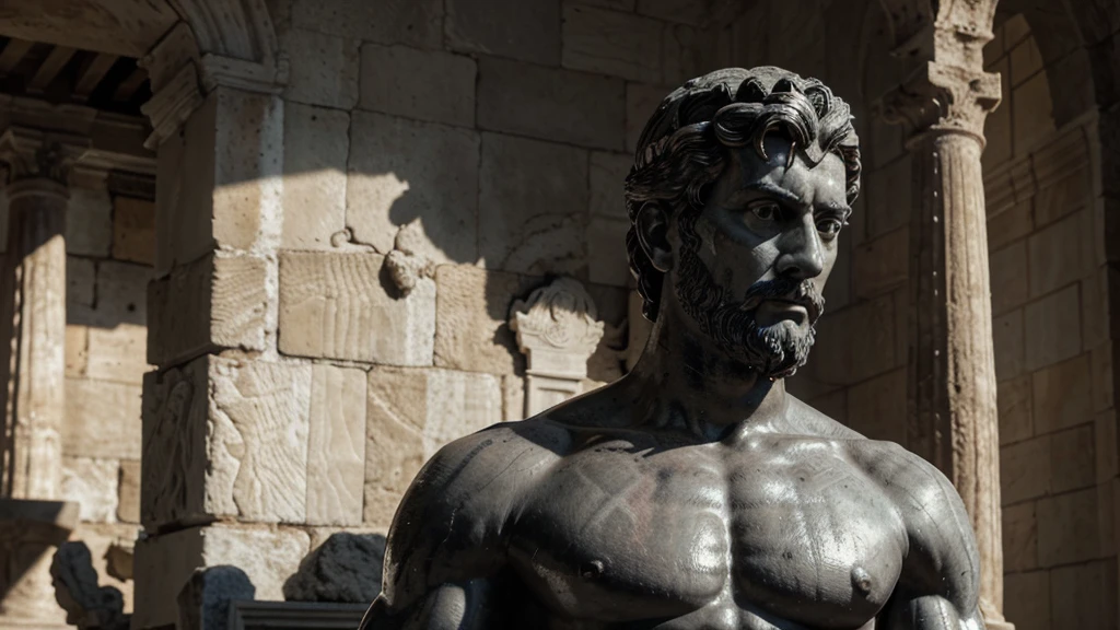 a portrait statue of the stoic Marcus Aurelius in black and white 4K, Super realistic ANCIENT GREEK RUINS, fully body, corpo stark, brawny, stark, wearing no shirt, tronco stark, stark, wearing no shirt, strong arms, 8K, ultra realisitic, cinematographic
