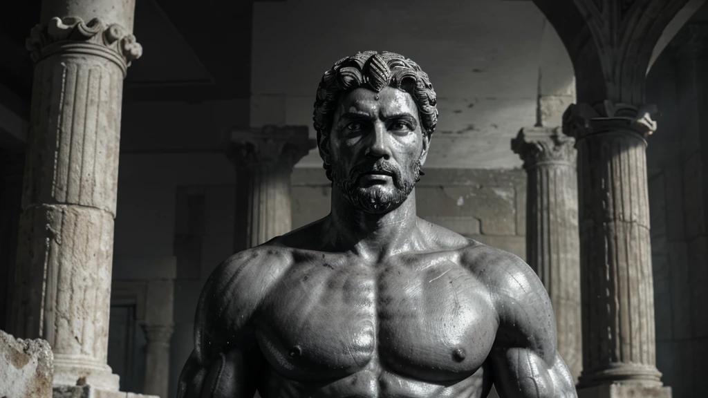 a portrait statue of the stoic Marcus Aurelius in black and white 4K, Super realistic ANCIENT GREEK RUINS, fully body, corpo stark, brawny, stark, wearing no shirt, tronco stark, stark, wearing no shirt, strong arms, 8K, ultra realisitic, cinematographic