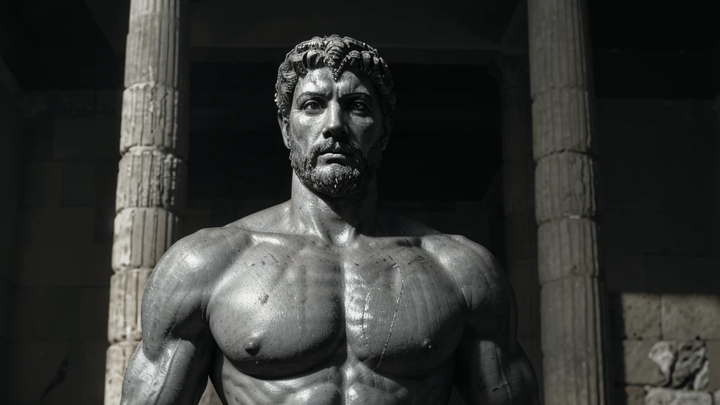 a portrait statue of the stoic Marcus Aurelius in black and white 4K, Super realistic ANCIENT GREEK RUINS, fully body, corpo stark, brawny, stark, wearing no shirt, tronco stark, stark, wearing no shirt, strong arms, 8K, ultra realisitic, cinematographic