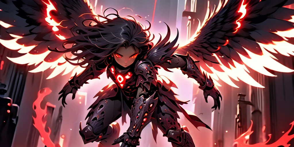 Ancient anime style, artbook, comicbook, RPG, futuristic medieval, steampunk. A dark angel warrior, wearing medieval technological magic armor with glowing magic markings, dynamic pose, full body, human face with glowing magic tribal tattoos with red tones, angel features, black halo with glowing magic markings, magic red stone skin with glowing carved markings, glowing eyes, using a technological magic long spear with glowing magic circuits. In a metropolis of a hellish kingdom with advanced technology, with tall buildings with neon details, mixing technology with magical vegetation, steampunk. Wide scenery, cinematic scene with several layers of depth, dynamics, magical lighting.
