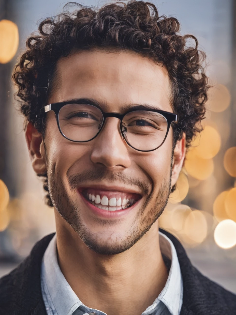 generate a man with short curly hair, a long chin with a bold face wearing glasses, black eyes, a half-oval face and a wide smile