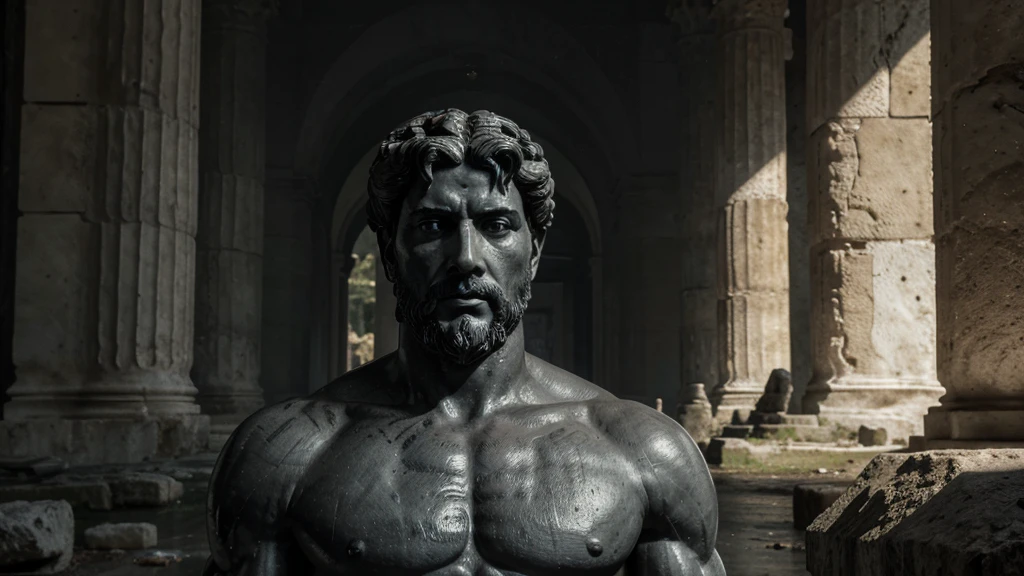 a portrait statue of the stoic Marcus Aurelius in black and white 4K, Super realistic ANCIENT GREEK RUINS, fully body, corpo stark, brawny, stark, wearing no shirt, tronco stark, stark, wearing no shirt, strong arms, 8K, ultra realisitic, cinematographic