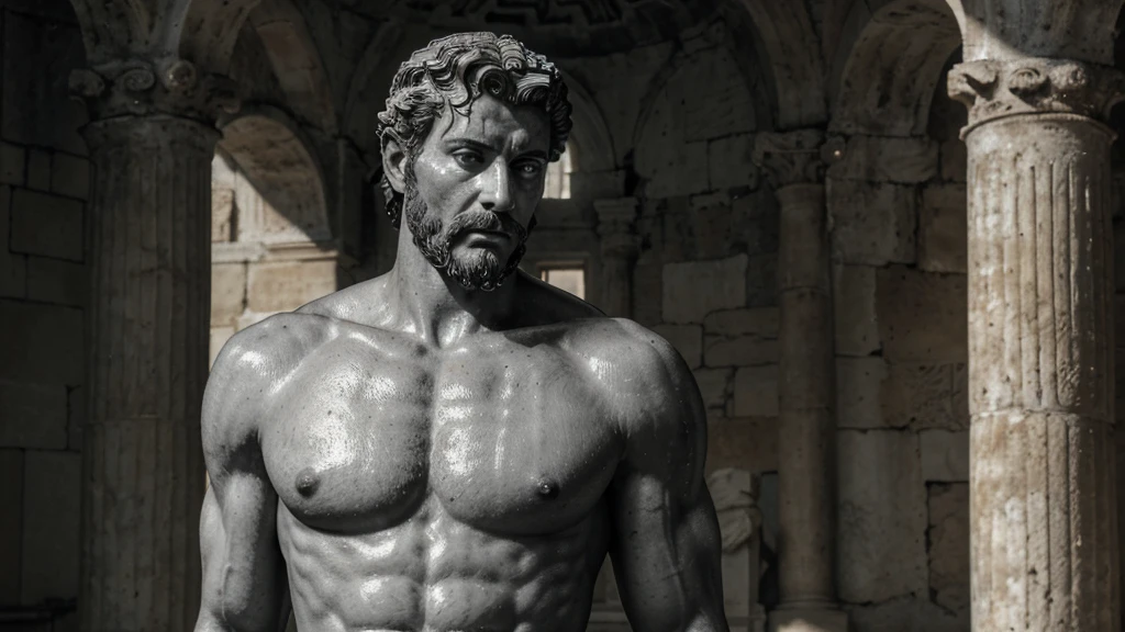 a portrait statue of the stoic Marcus Aurelius in black and white 4K, Super realistic ANCIENT GREEK RUINS, fully body, corpo stark, brawny, stark, wearing no shirt, tronco stark, stark, wearing no shirt, strong arms, 8K, ultra realisitic, cinematographic
