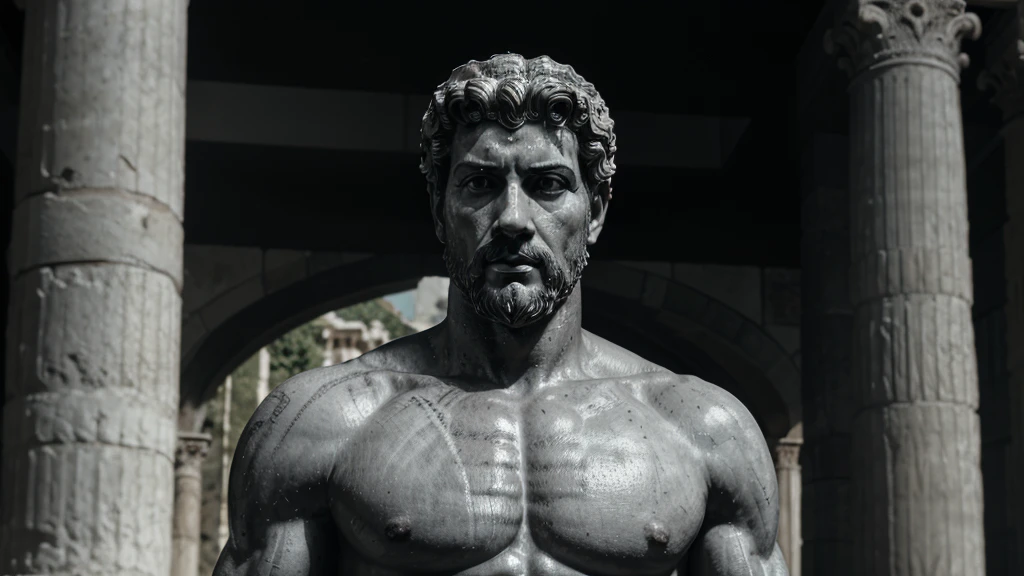 a portrait statue of the stoic Marcus Aurelius in black and white 4K, Super realistic ANCIENT GREEK RUINS, fully body, corpo stark, brawny, stark, wearing no shirt, tronco stark, stark, wearing no shirt, strong arms, 8K, ultra realisitic, cinematographic