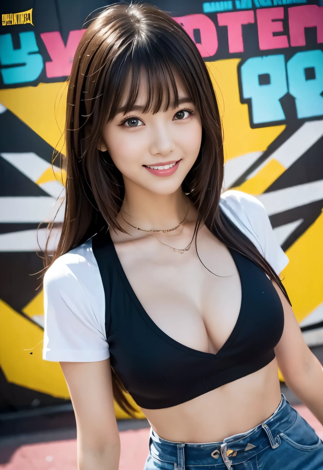 masterpiece, best quality, full body, 1girl, bangs, japanese, black long hair, short sleeve, blush, bracelet, clothes around waist, collarbone, cowboy shot, , eyebrows visible through hair, gradient hair, grin, long hair, looking at viewer, one-piece,smile, solo,street, sky,petals,illustration, fashionable, woman, vibrant, outfit, posing, front, colorful, dynamic, background, elements, confident, expression, holding, statement, accessory, coiled, around, touch, scene, text, cover, bold, attention-grabbing, title, stylish, font, catchy, headline, larger, striking, modern, trendy, focus, fashion