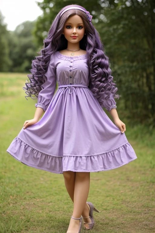 doll, long curly hair below the waist, in lilac dress