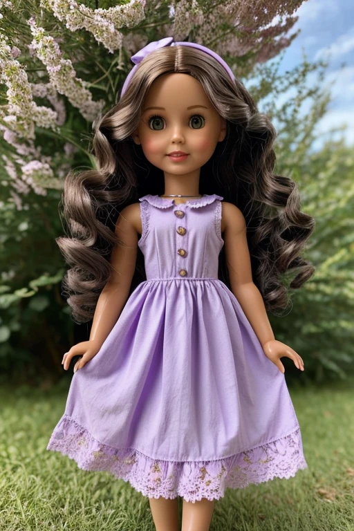 doll, long curly hair below the waist, in lilac dress