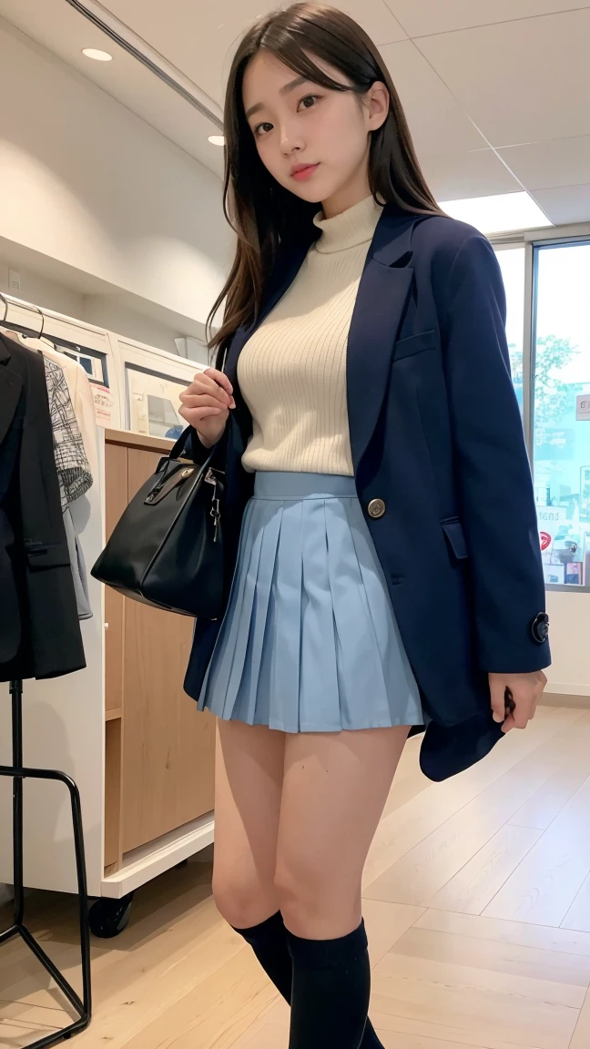 some very short skirt of a person standing at a register with a bag, skirt, 1girl, solo, pleated skirt, , jacket, socks, blue skirt, bag, blazer, blue jacket