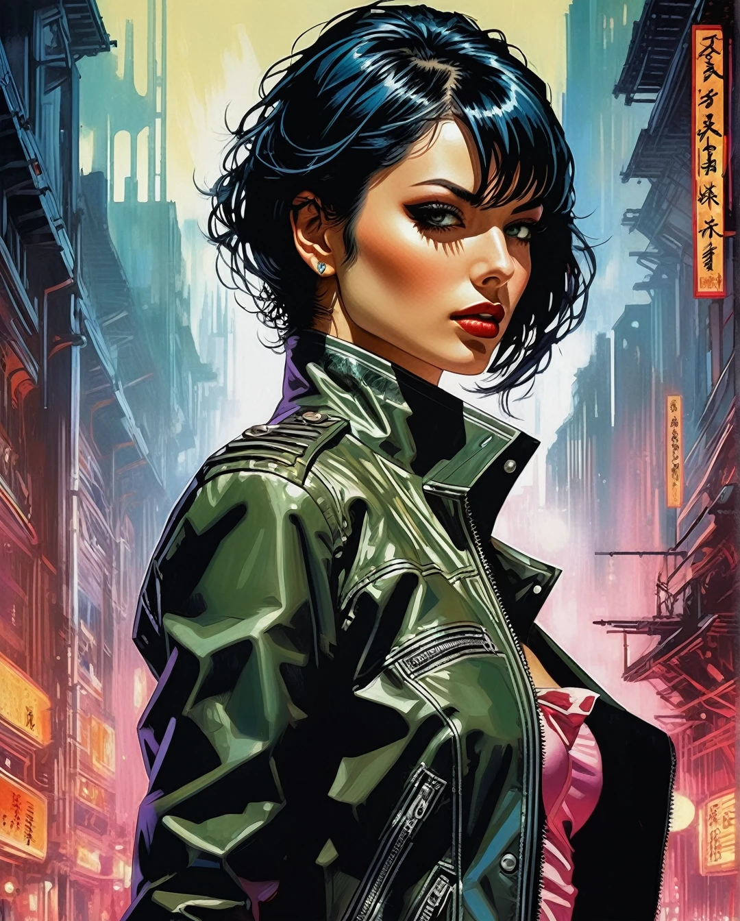 A mysteriously beguiling cyberpunk woman, her smooth black hair falls in a sleek cascade framing striking brown eyes, accentuated by a set of bold bangs. Clad in a stylish leather jacket over a vibrant pink t-shirt and light blue denim jeans, she exudes an air of retro-futuristic coolness. The 80's cyberpunk background serves as a perfect complement to her edgy aesthetic. This captivating portrait, whether a painting or photograph, is rich in detail, capturing every nuance of her enigmatic allure with extraordinary precision and artistry., cyberpunk, synthwave, 1980s, futurism, brutalism, neuromancer, cinematic photo in Hogwarts, art by Masamune Shirow, art by J.C. Leyendecker,detailed hair, short hair, green hair