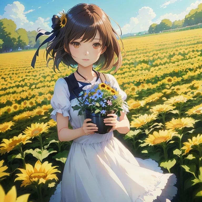 anime girl in a field of flowers holding a pot of flowers, beautiful sunflower anime girl, anime visual of a cute girl, official art, girl in a flower field, in a field of flowers, anime moe artstyle, standing in a flower field, makoto shinkai. digital render, official artwork, official anime artwork, makoto shinkai art style