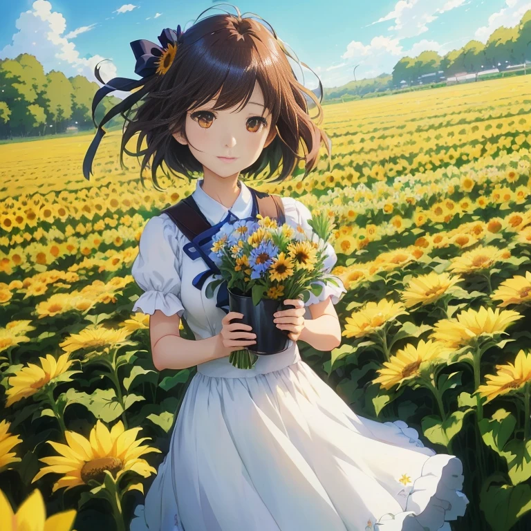 anime girl in a field of flowers holding a pot of flowers, beautiful sunflower anime girl, anime visual of a cute girl, official art, girl in a flower field, in a field of flowers, anime moe artstyle, standing in a flower field, makoto shinkai. digital render, official artwork, official anime artwork, makoto shinkai art style