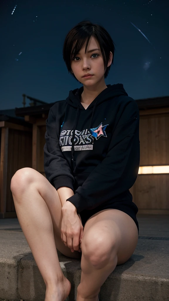 OshiNoko, Girl, blue eyes, short hair, Anime, black hoodie, stars, pout, hugging own legs, glaring at